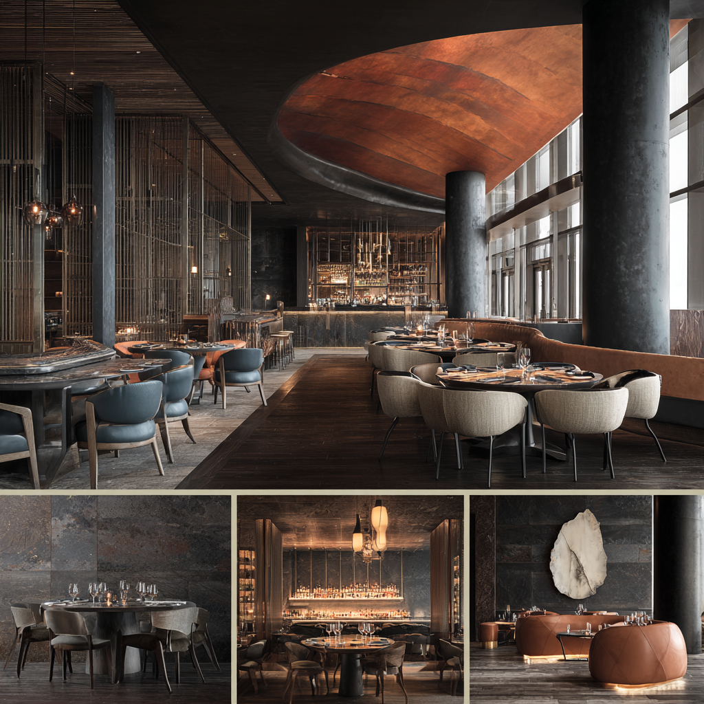 Luxury restaurant interior collage in Los Angeles with elegant dining seating, designer bar, private dining room, and upscale entrance lounge