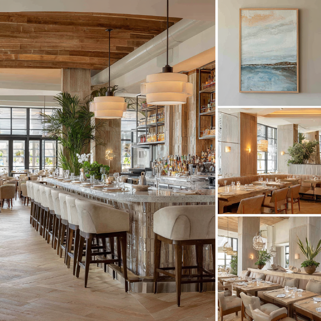 Luxury restaurant interior collage in Newport Beach with upscale dining seating, refined bar area, private dining room, and coastal-inspired entrance lounge