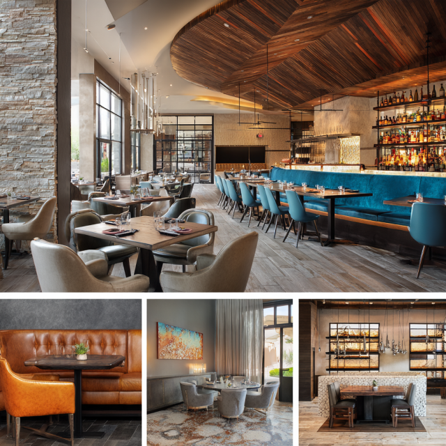 Luxury restaurant interior design in Tustin with elegant dining room, cocktail bar, private dining area, and sophisticated reception lounge