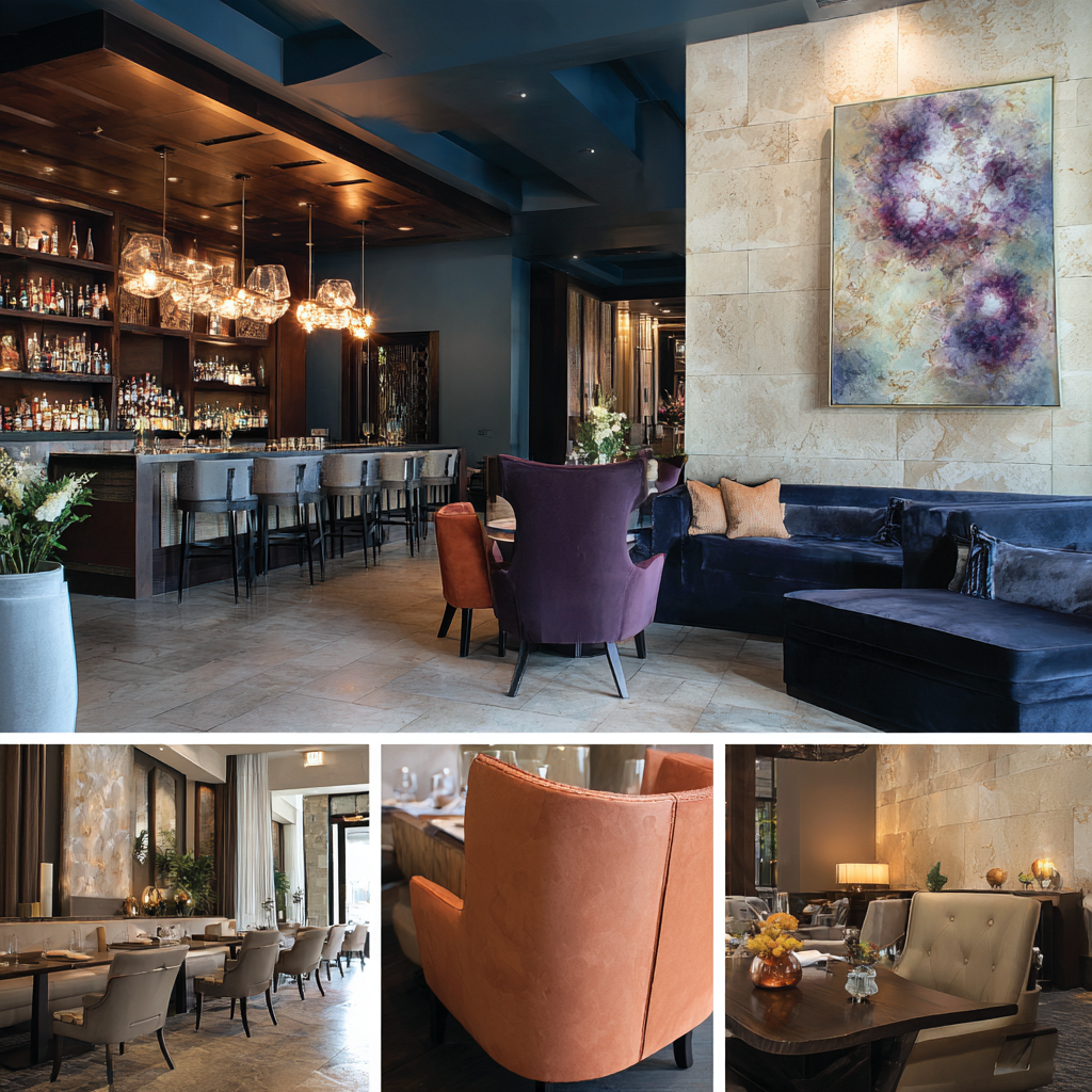 Luxury restaurant interior design in West Covina with elegant dining room, cocktail bar, private dining space and stylish reception lounge
