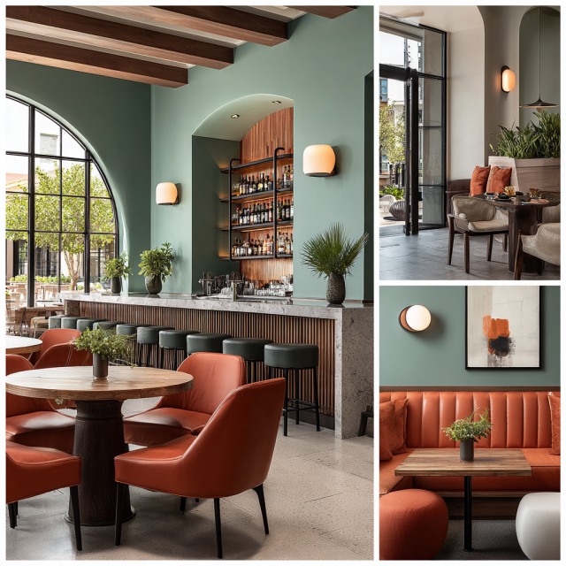 Luxury restaurant interior collage in Westminster California with dining room, cocktail bar, reception area and private dining space.