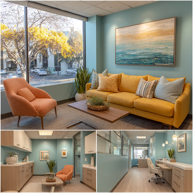 Medical office interior design collage in Westminster CA featuring reception, waiting room, consultation room and exam room.