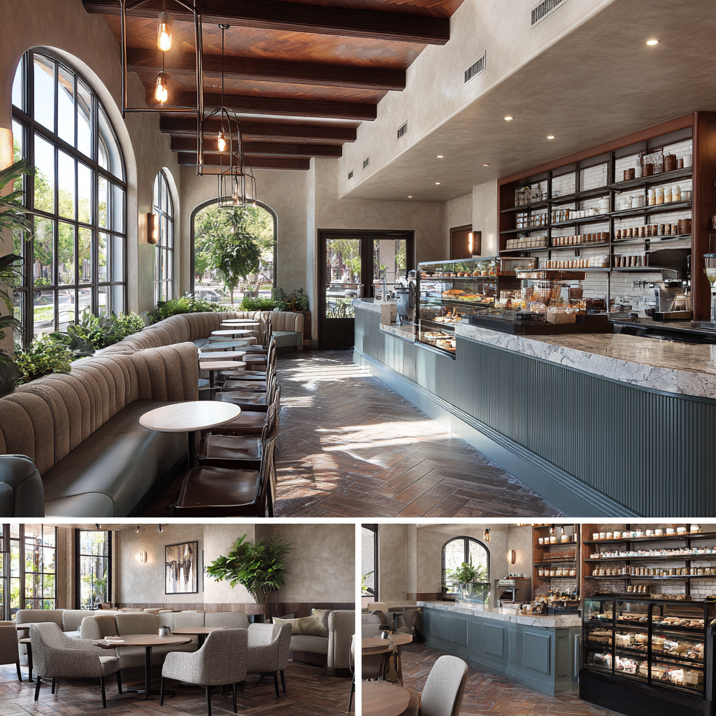Modern café interior collage in Lake Forest with designer seating, specialty coffee bar, lounge area, and retail display section