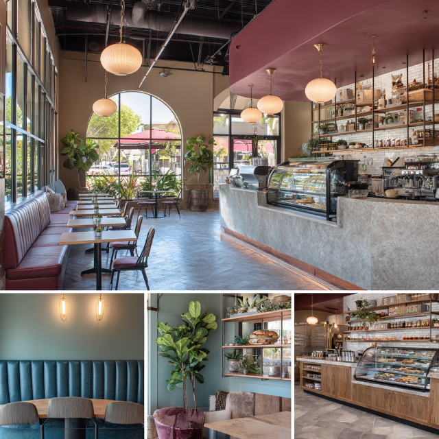 Modern café interior collage in Monrovia with designer seating, specialty coffee bar, lounge area, and retail display section