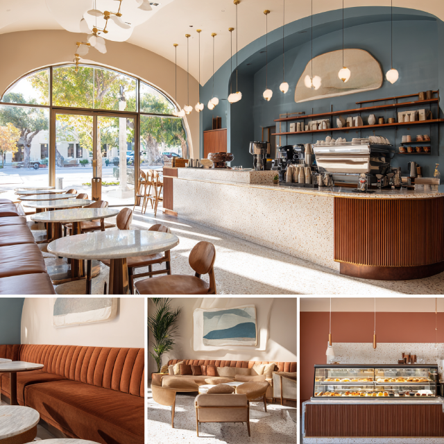 Modern café interior collage in Pomona with designer seating, specialty coffee bar, lounge area, and retail display section