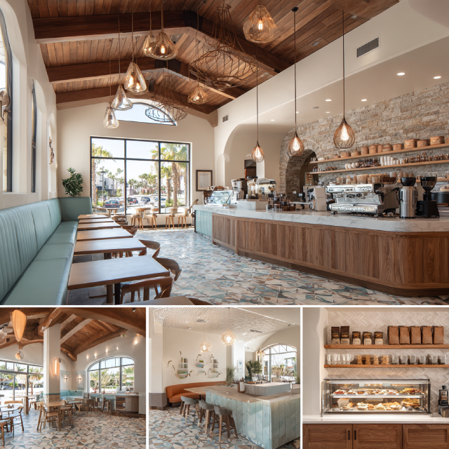Modern café interior collage in San Clemente with designer seating, specialty coffee bar, lounge area, and retail display section
