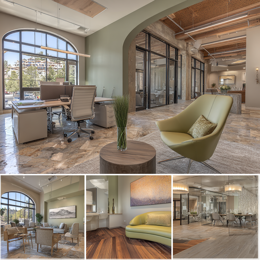 Modern commercial office interior in Lake Forest with collaborative workspace, client lounge, glass meeting room, and contemporary office finishes