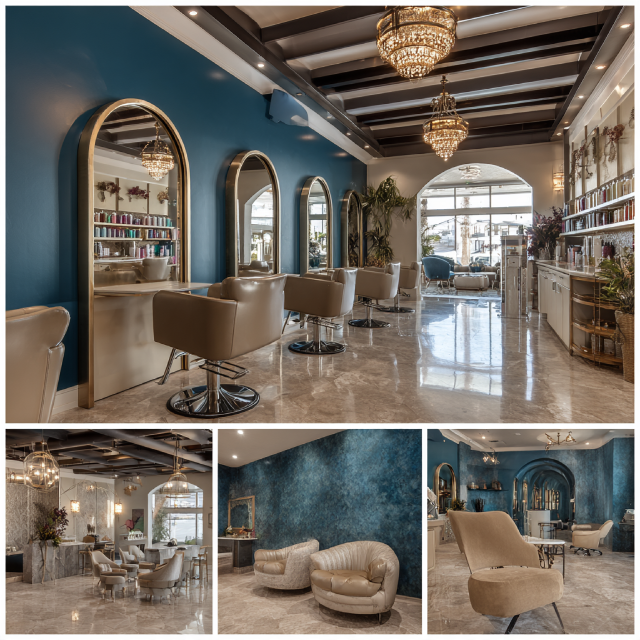Modern hair salon interior in Newport Beach with sculptural styling stations, luxury waiting lounge, wash area, and contemporary color treatment zone