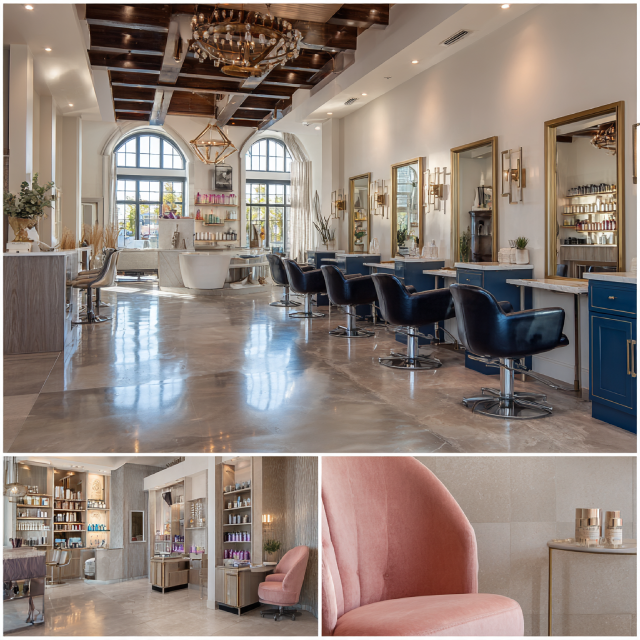 Modern hair salon interior in Orange County with luxury styling stations, beauty lounge, wash area, and sophisticated color treatment zone