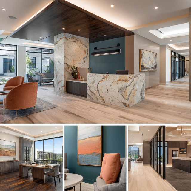 Modern healthcare center interior in Pasadena with patient waiting area, consultation office, medical examination room, and refined treatment space