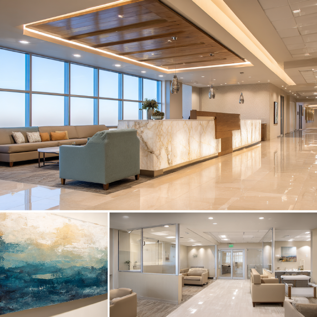 Modern healthcare interior in Seal Beach with patient waiting area, consultation office, medical exam room, and refined treatment space
