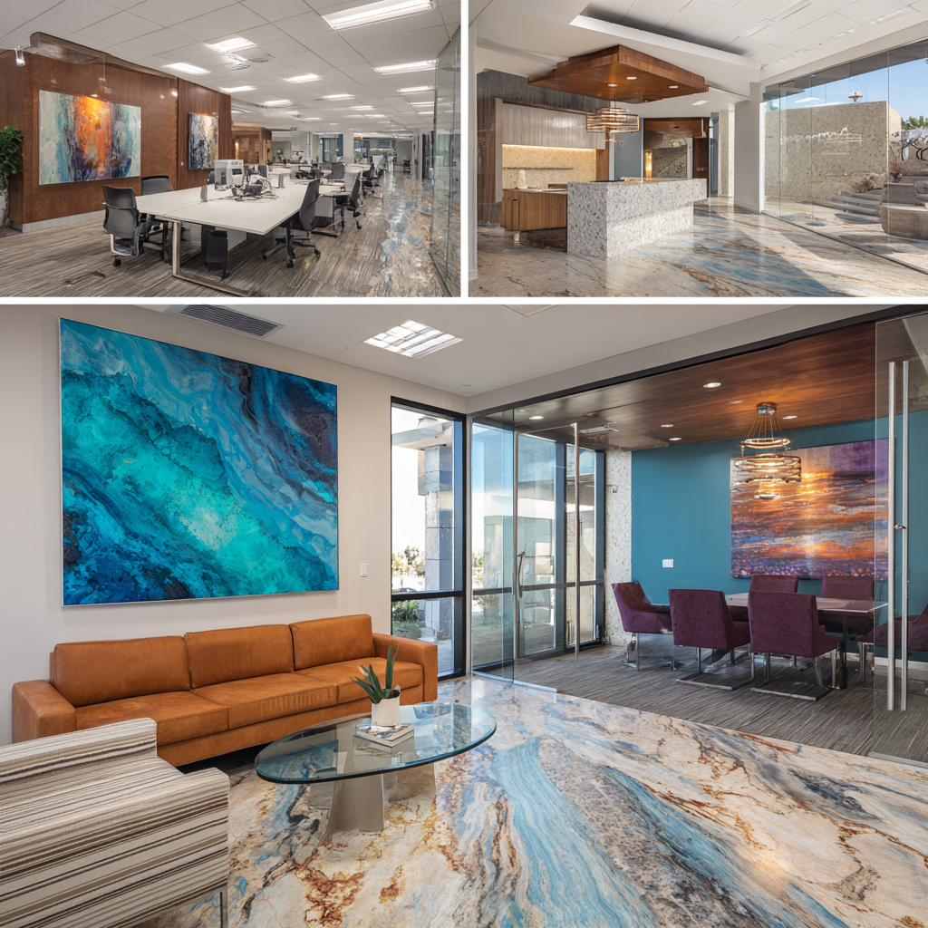Luxury commercial office interior design in Tustin California featuring modern workspace, executive conference room, reception lounge and employee coffee area
