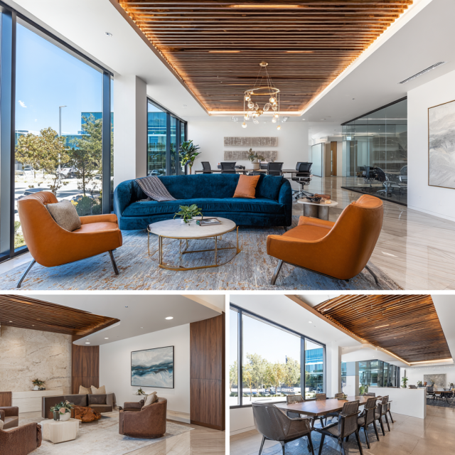 Modern luxury office interior in Tustin California featuring open workspace, reception lounge, executive conference room and employee coffee lounge