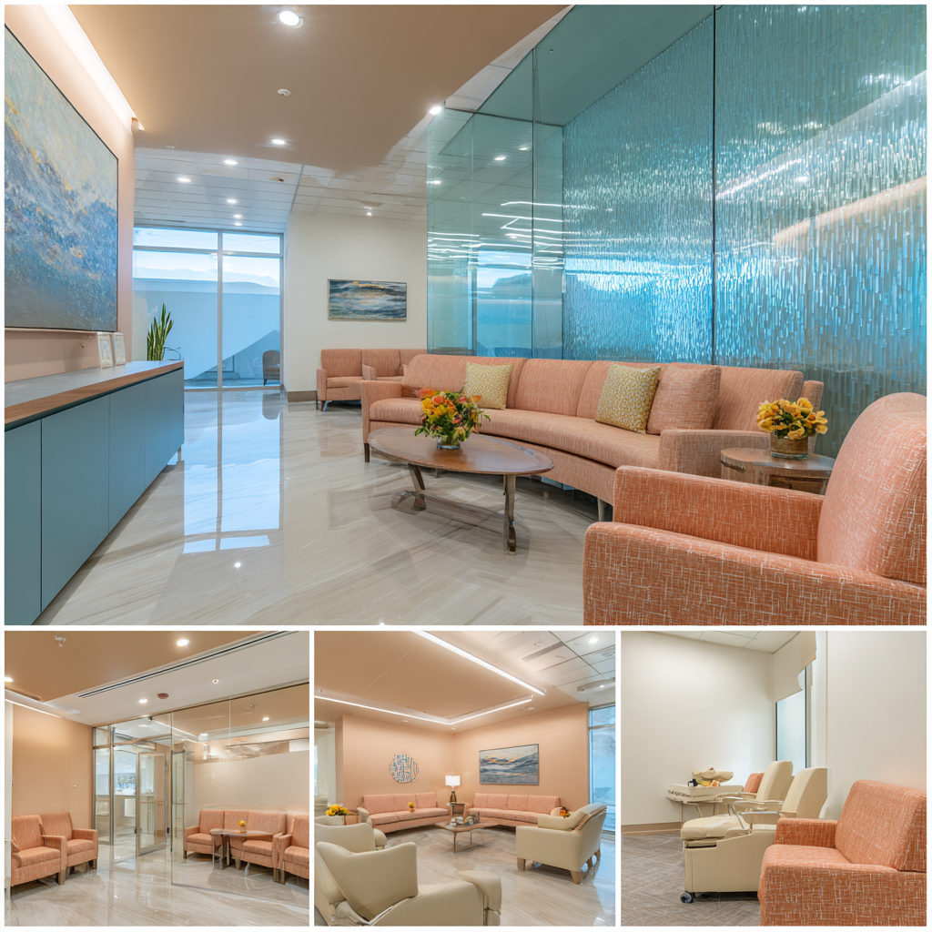 Modern medical center interior design in West Covina with patient reception, waiting area, consultation office, examination room and treatment space