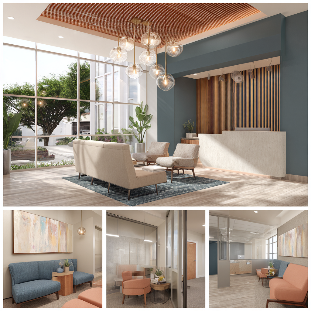 Modern medical office interior design in Tustin California featuring reception area, consultation room, examination room and professional healthcare workspace