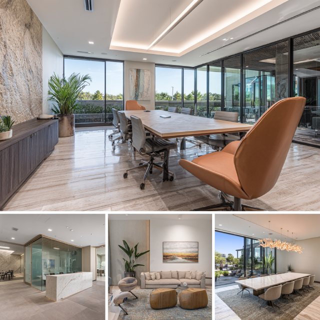 Modern office interior collage in Newport Beach with designer workstations, reception area, glass conference room, and hospitality-style employee lounge
