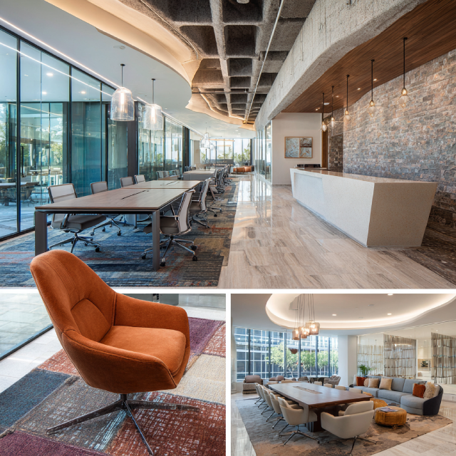 Modern office interior collage in Orange County with designer workstations, client reception, glass conference room, and hospitality-style employee lounge