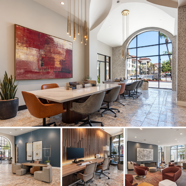 Modern office interior collage in Pasadena with designer workstations, client reception, glass conference room, and hospitality-style employee lounge