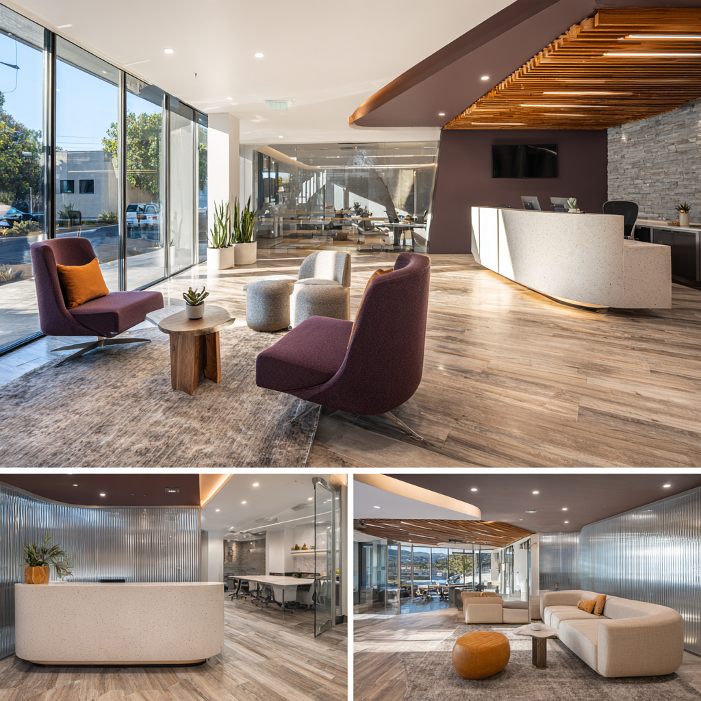 Modern office interior collage in Placentia with designer workstations, client reception, glass conference room, and hospitality-style employee lounge