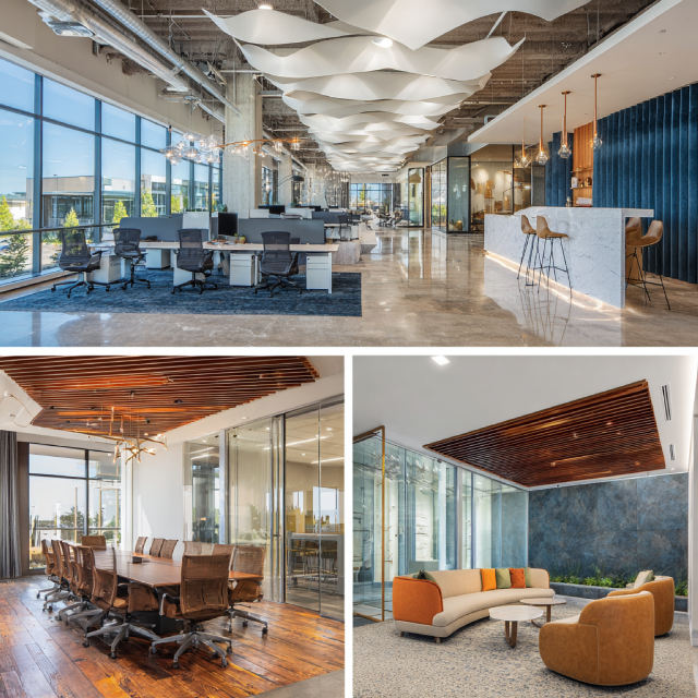 Modern office interior collage in Pomona with designer workstations, client reception, glass conference room, and hospitality-style employee lounge