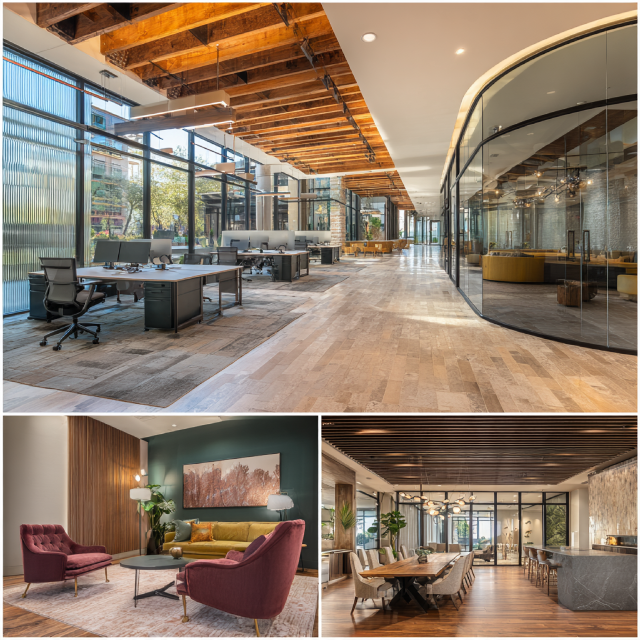 Modern office interior collage in Santa Ana with designer workstations, client reception, glass conference room, and hospitality-style employee lounge