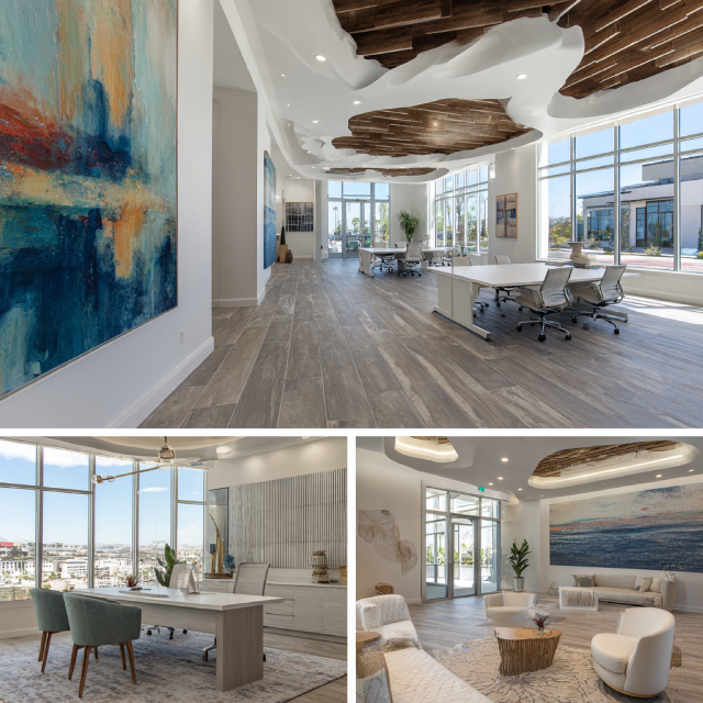 Modern office interior collage in Seal Beach with designer workstations, client reception, glass conference room, and hospitality-style employee lounge