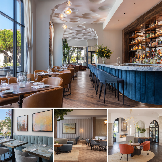 Modern restaurant interior collage in Orange County with upscale dining seating, illuminated bar, private dining room, and refined entrance lounge