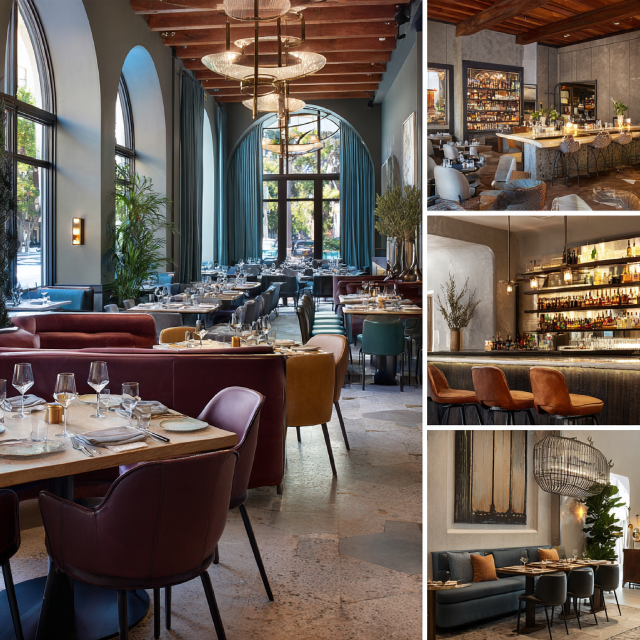 Modern restaurant interior collage in Pasadena with upscale dining seating, illuminated bar, private dining room, and refined entrance lounge