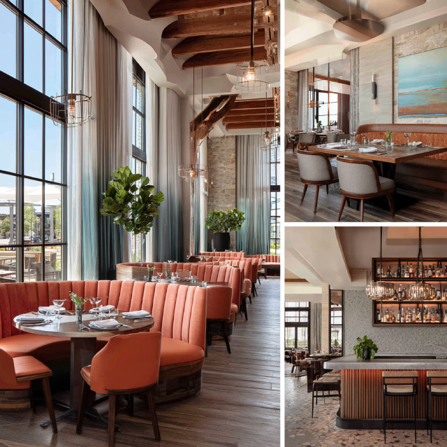 Modern restaurant interior collage in Placentia with upscale dining seating, illuminated bar, private dining room, and refined entrance lounge