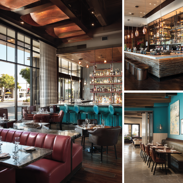 Modern restaurant interior collage in Pomona with upscale dining seating, illuminated bar, private dining room, and refined entrance lounge