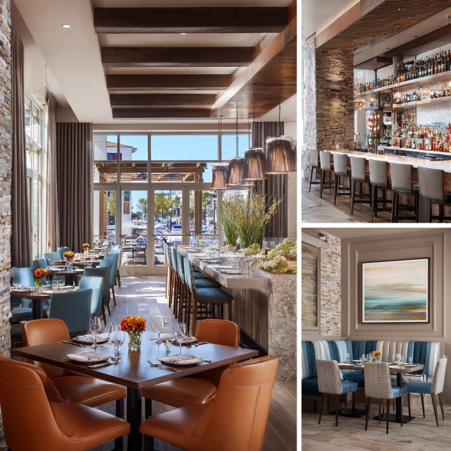 Modern restaurant interior collage in Seal Beach with upscale dining seating, illuminated bar, private dining room, and refined entrance lounge