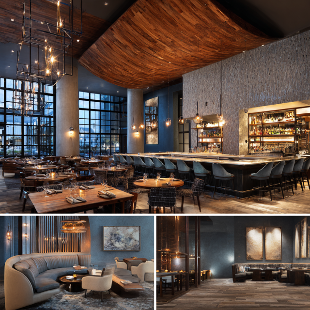 Modern restaurant interior in Tustin featuring colorful dining spaces, custom furniture, stone bar, private dining room, and stylish entrance lounge