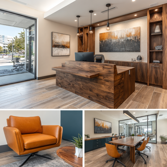 Office interior design collage in Westminster CA featuring reception, open workspace, executive office and conference room.
