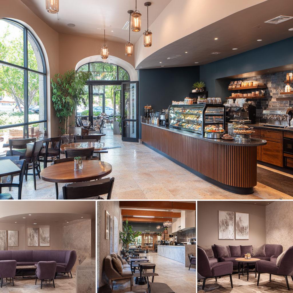 Premium coffee shop interior in Lake Forest featuring a main seating area, espresso bar, social lounge, and grab-and-go retail corner