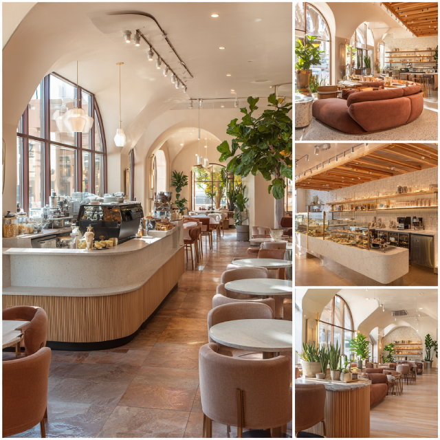 Premium coffee shop interior design in Monrovia featuring a main seating area, espresso bar, social lounge, and grab-and-go retail corner