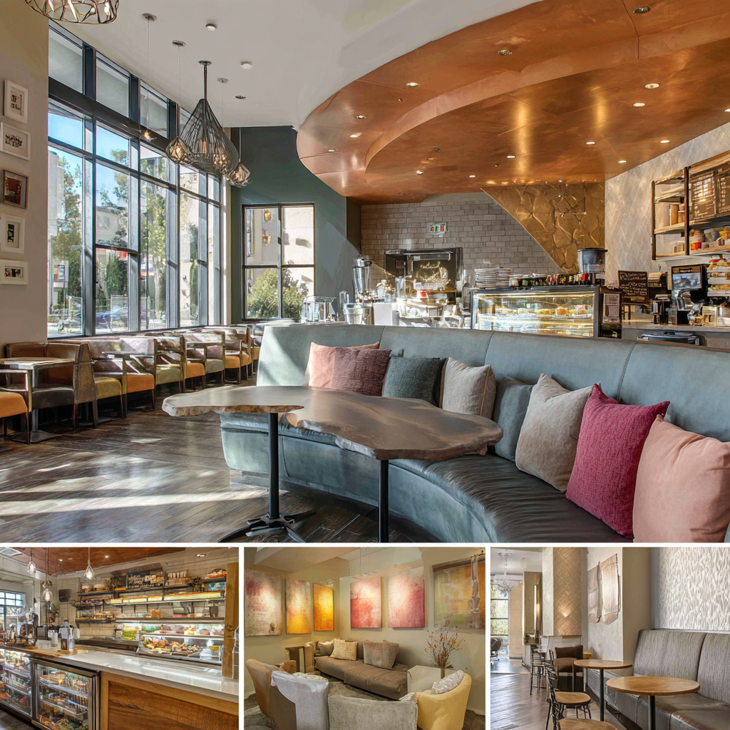 Premium coffee shop interior design in Pomona featuring a main seating area, espresso bar, social lounge, and grab-and-go retail corner