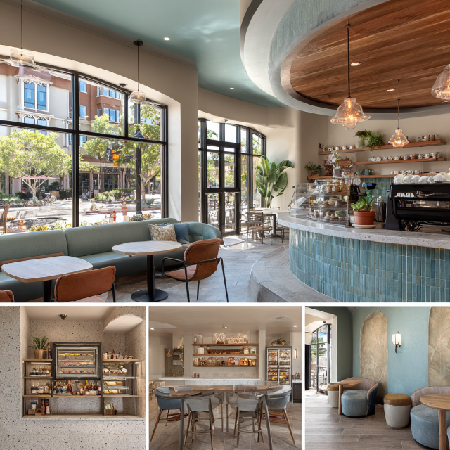 Premium coffee shop interior design in San Clemente featuring a main seating area, espresso bar, social lounge, and grab-and-go retail corner