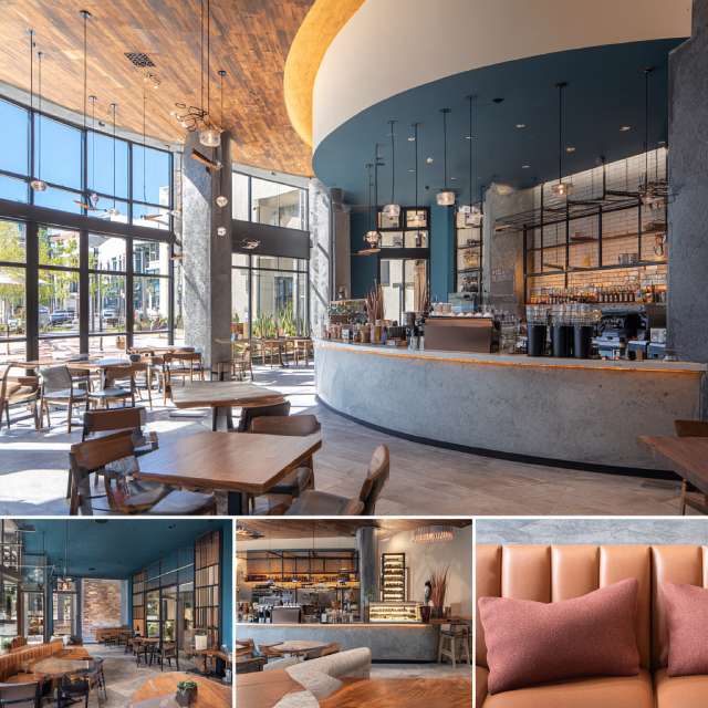 Premium coffee shop interior design in Santa Ana featuring a main seating area, espresso bar, social lounge, and grab-and-go retail corner