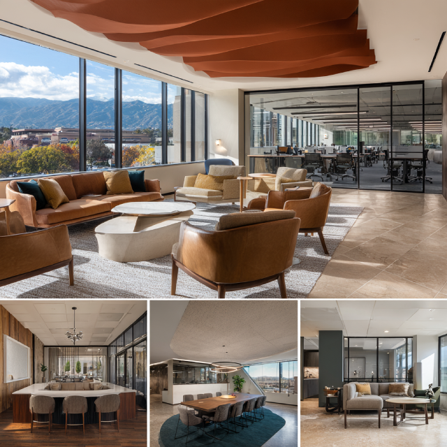 Premium commercial office interior in Monrovia featuring an open workspace, reception lounge, executive conference room, and employee lounge
