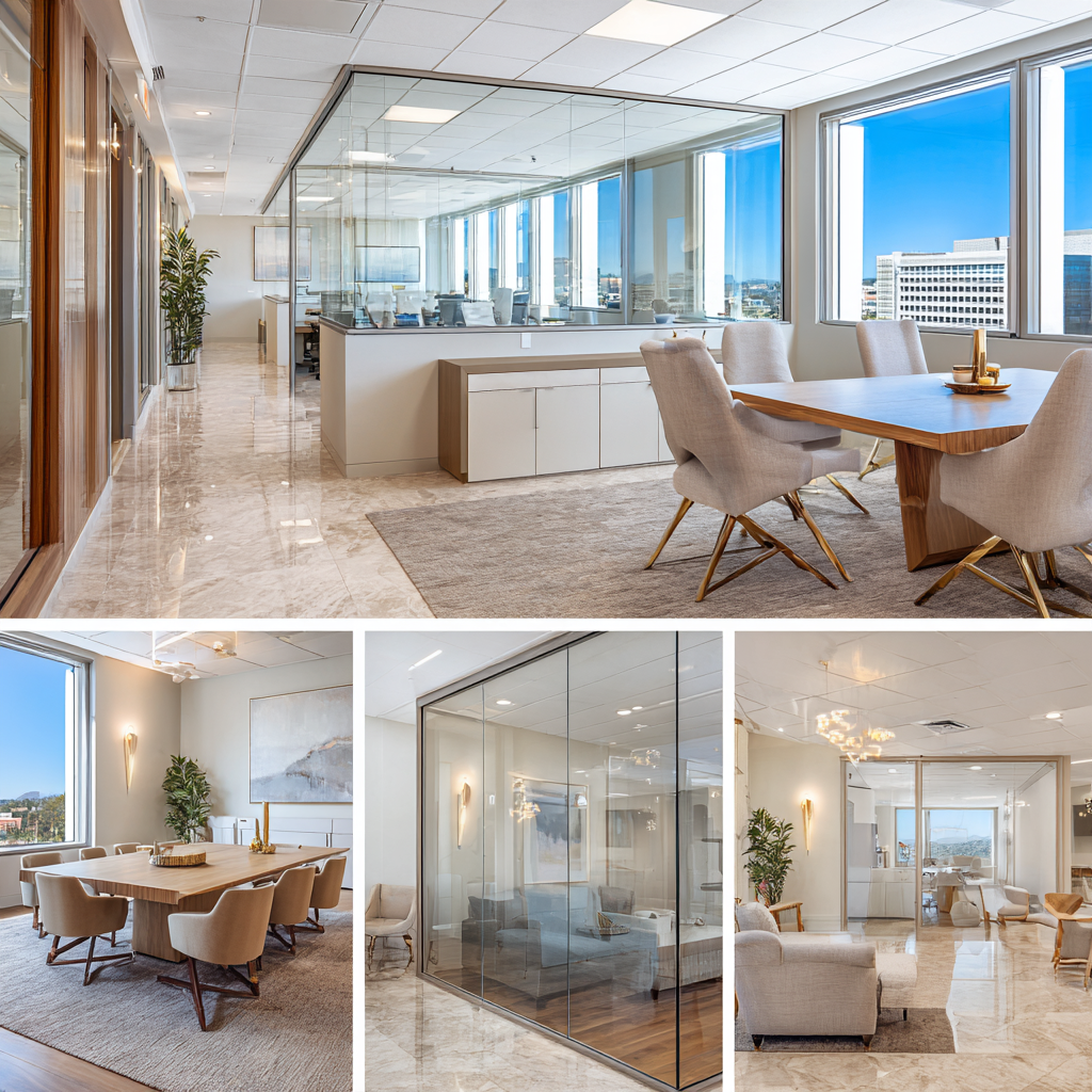 Premium commercial office interior in Newport Beach featuring an open workspace, client reception lounge, executive conference room, and employee lounge