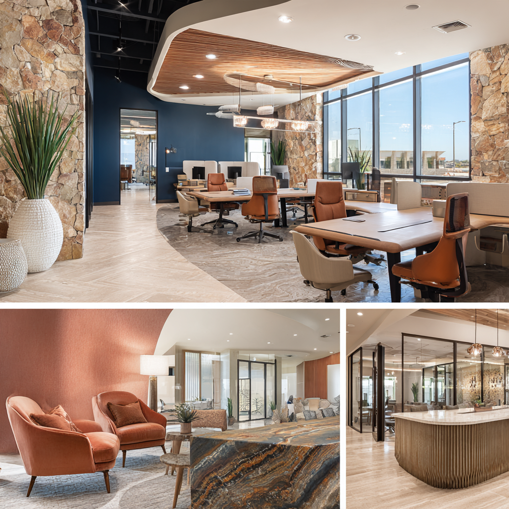 Premium commercial office interior design in Orange County featuring an open workspace, reception lounge, executive conference room, and employee lounge