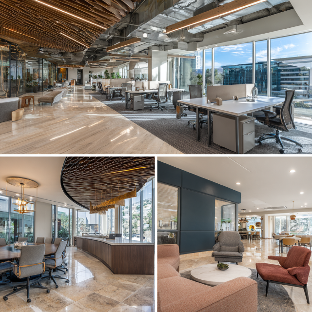 Premium commercial office interior design in Pasadena featuring an open workspace, reception lounge, executive conference room, and employee lounge