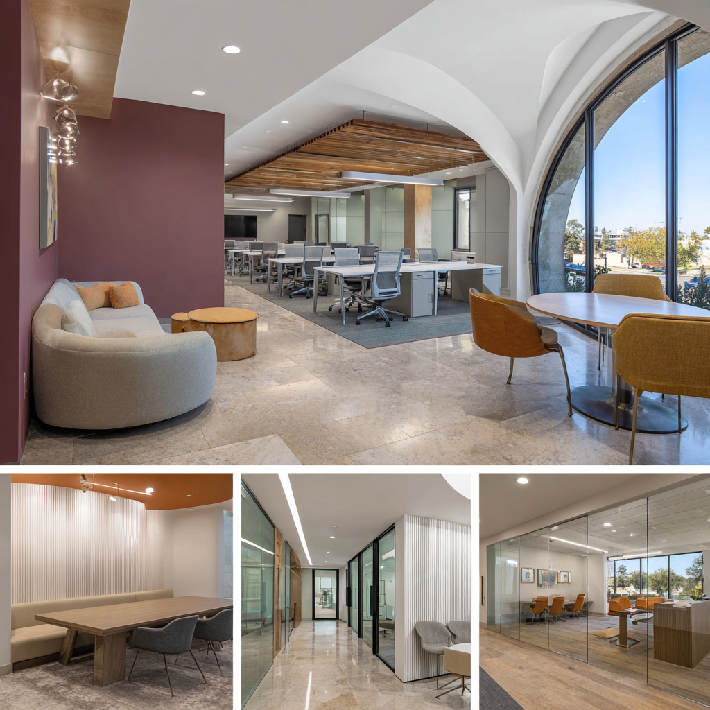 Premium commercial office interior design in Placentia featuring an open workspace, reception lounge, executive conference room, and employee lounge