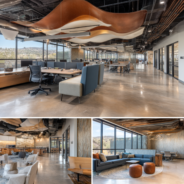 Premium commercial office interior design in Pomona featuring an open workspace, reception lounge, executive conference room, and employee lounge