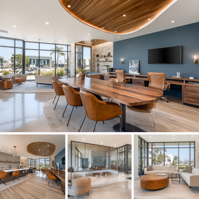 Premium commercial office interior design in San Clemente featuring an open workspace, reception lounge, executive conference room, and employee lounge