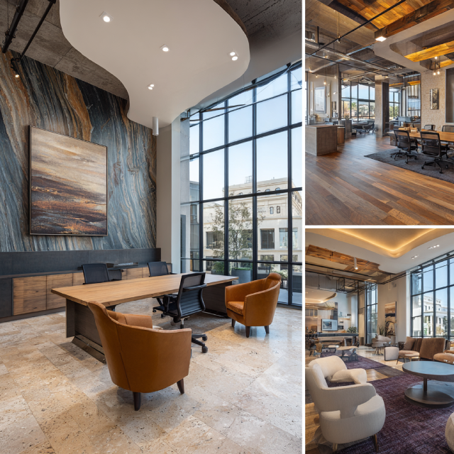 Premium commercial office interior design in Santa Ana featuring an open workspace, reception lounge, executive conference room, and employee lounge