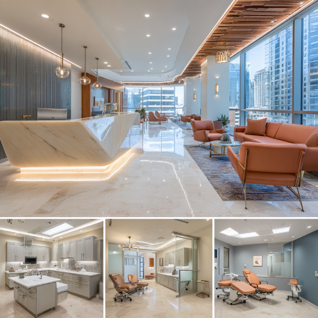 Premium medical center interior in Los Angeles featuring a modern reception lobby, examination room, physician consultation office, and treatment area