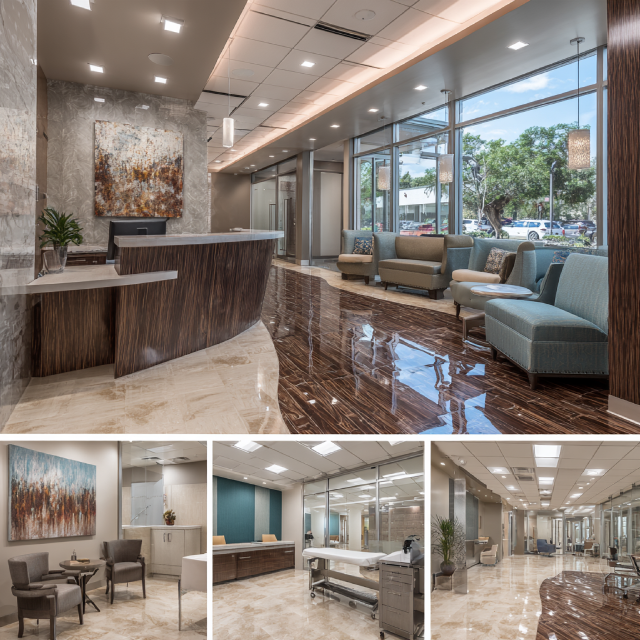 Premium medical center interior design in Pasadena featuring a reception area, physician consultation office, examination room, and modern treatment space