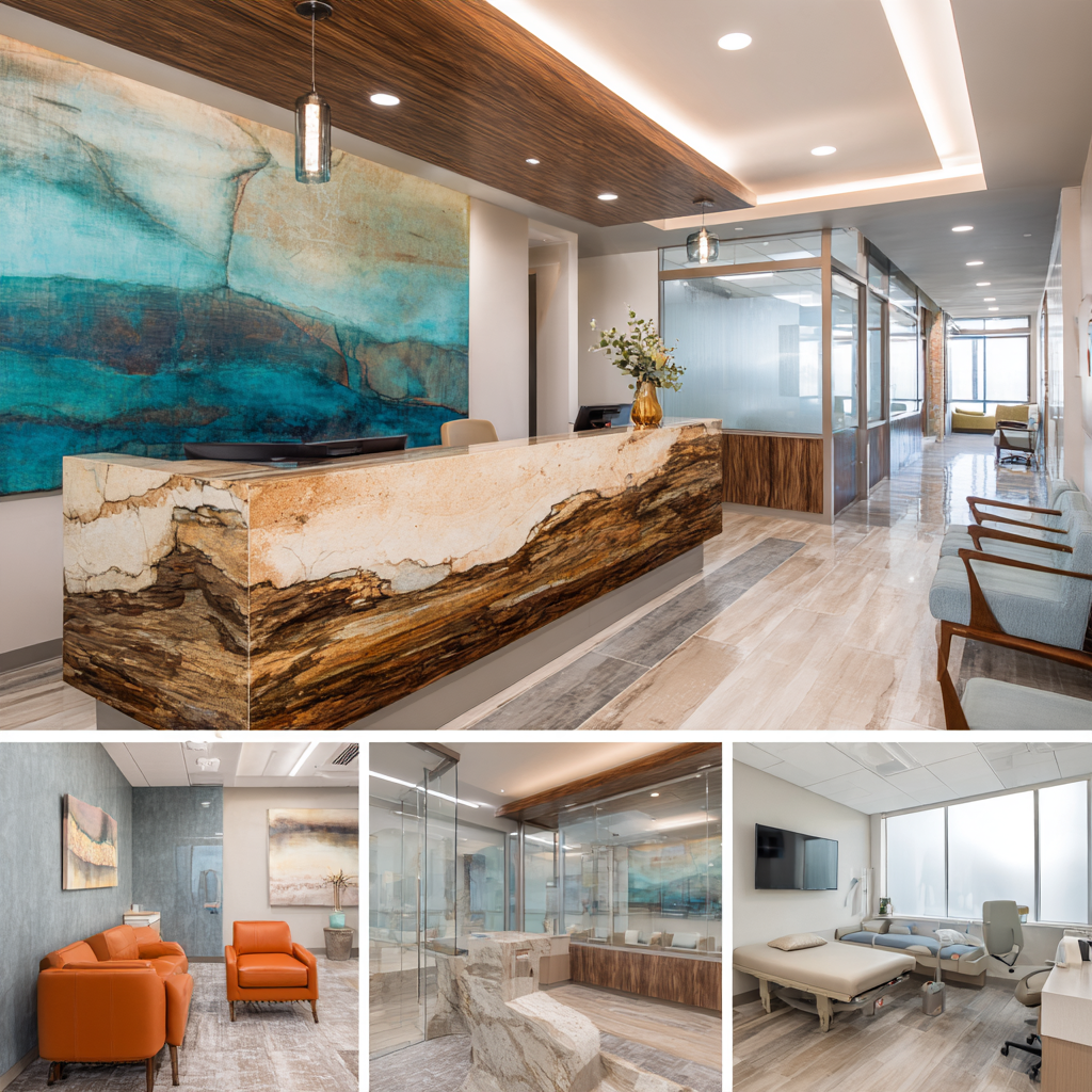 Premium medical center interior design in San Clemente featuring a reception area, physician consultation office, examination room, and modern treatment space