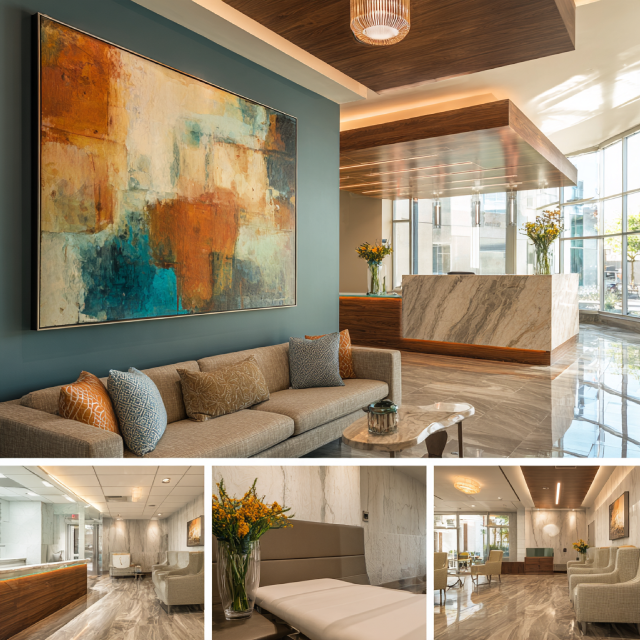 Premium medical center interior design in Santa Ana featuring a reception area, physician consultation office, examination room, and modern treatment space